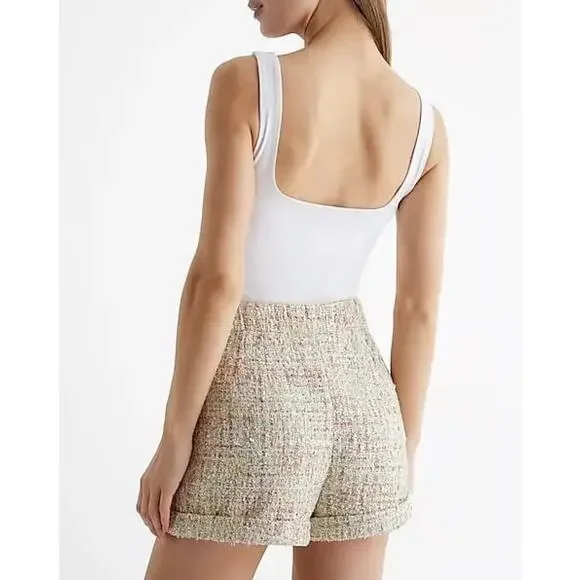Tweed High Waisted Shorts Cream Women's 10 Chanel Inspired Parisian Vacation NWT - Picture 16 of 16